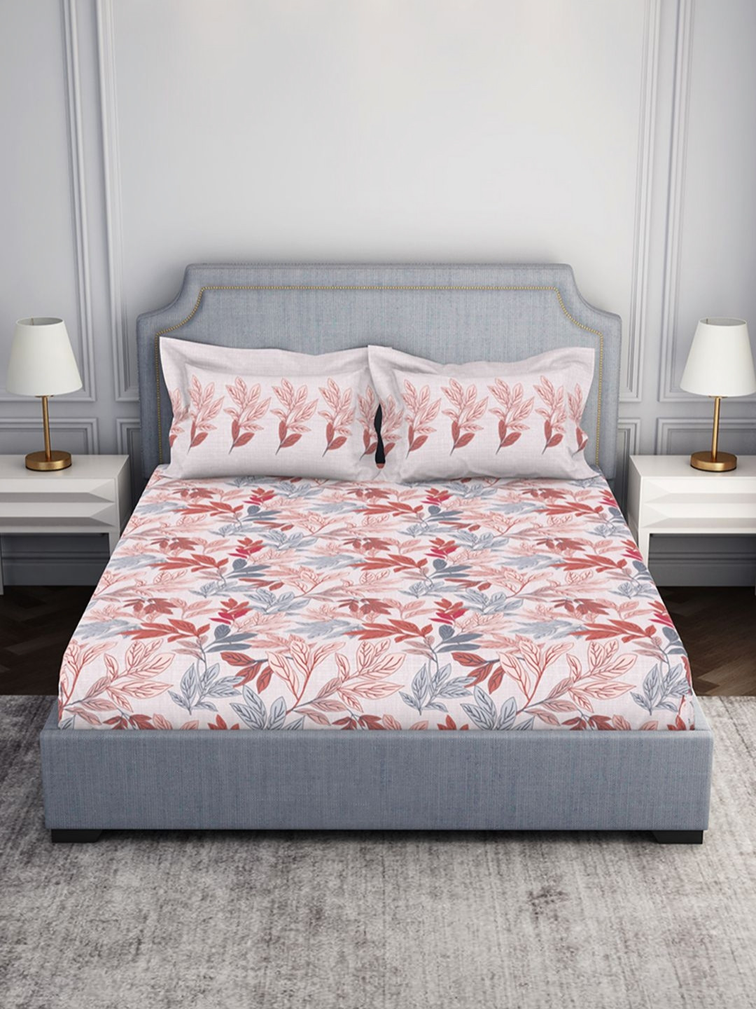 SPACES Atrium2024 Pink Leaf Pure Cotton 144 TC Fitted Queen Bedsheet with 2 Pillow Covers-88 x 108 inches