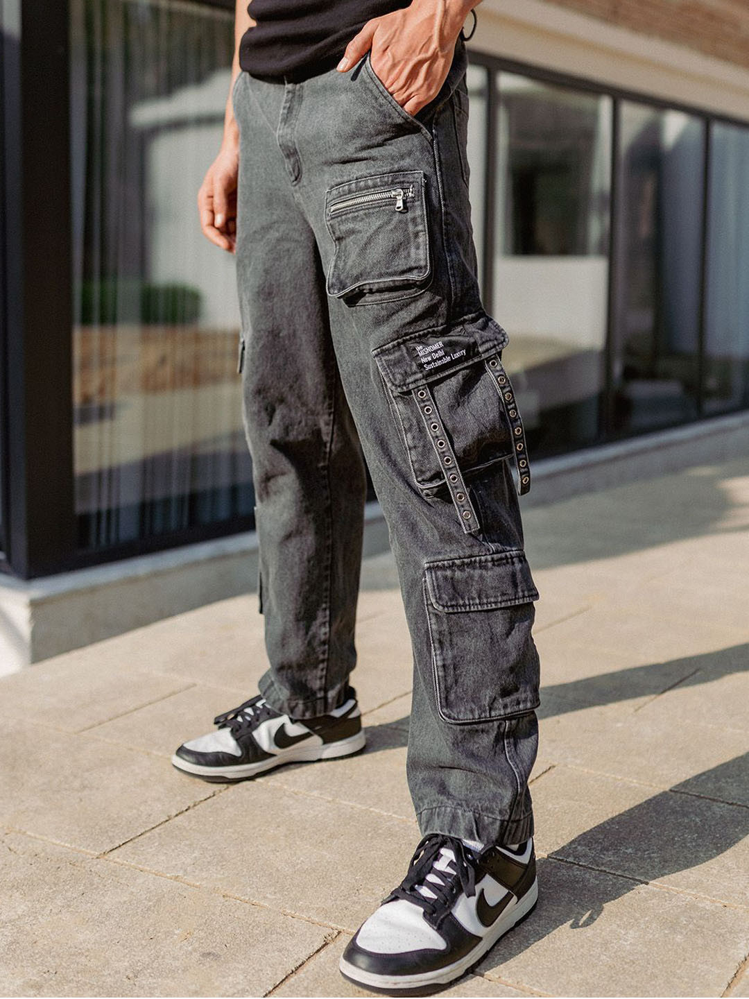 the Misnomer Unisex Mid-Rise Light Fade Cargo Styles Jeans