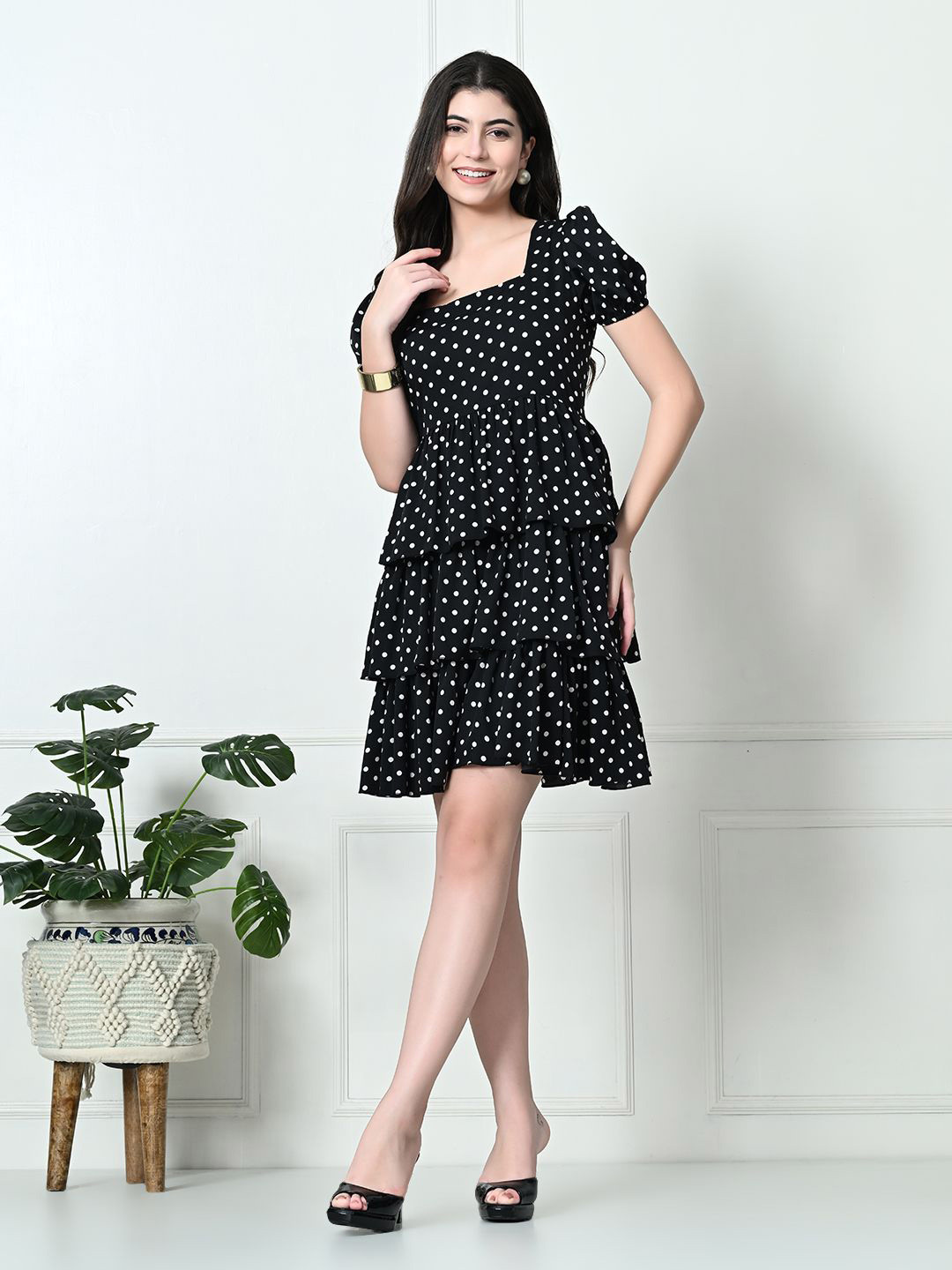 Tushita Polka Dot Print Puff Sleeve Layered Fit & Flare Dress