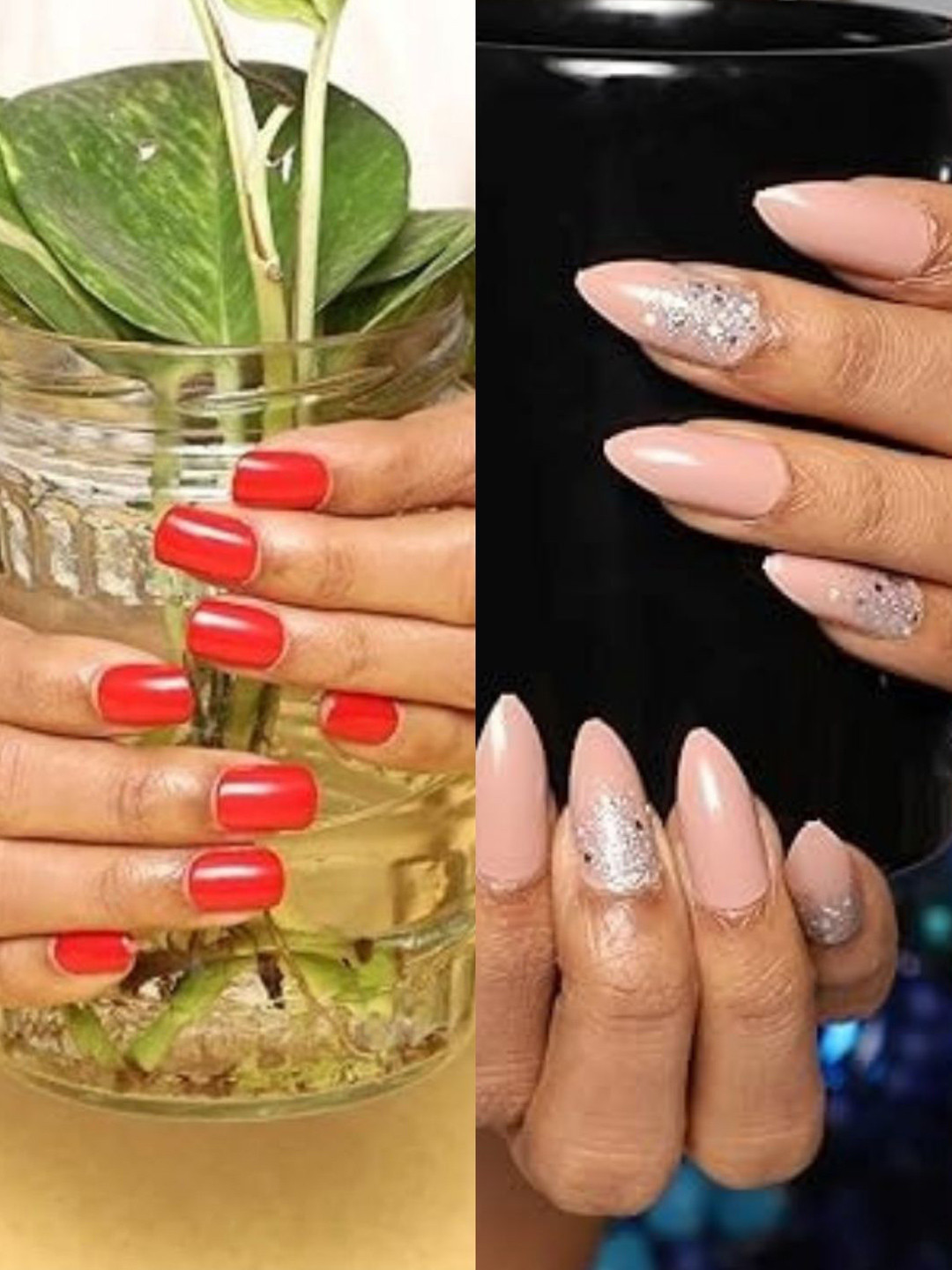 LICK Pack Of 2 Acrylic Press on Nails With Quick Dry Nail Glue - Beige Sparkles & True Red