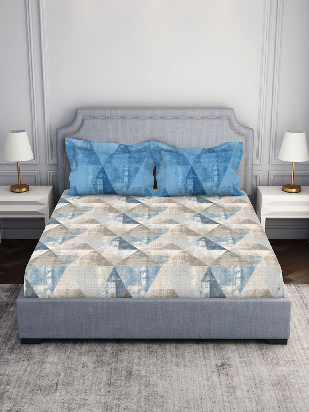 SPACES Atrium2024 Blue Abstract Pure Cotton 144 TC Fitted Queen Bedsheet with 2 Pillow Covers-88 x 100 inches