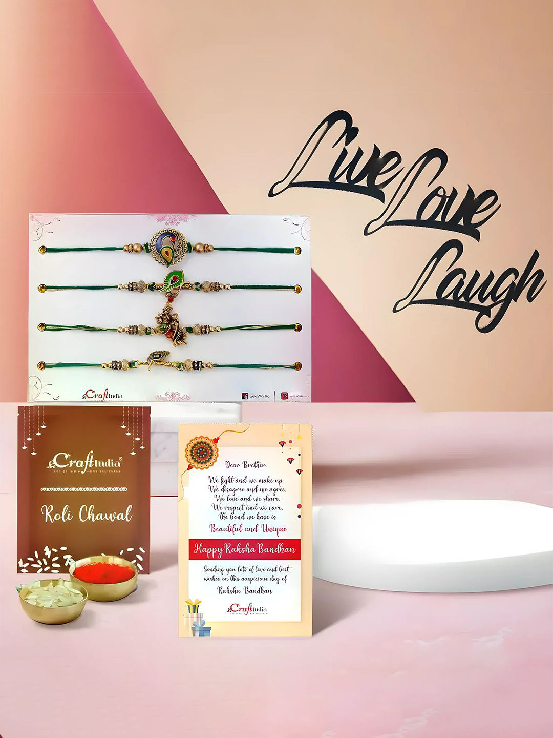 eCraftIndia Set Of 4 Radha Krishna & Peacock Rakhis With LLive Love Laugh Statue Showpiece
