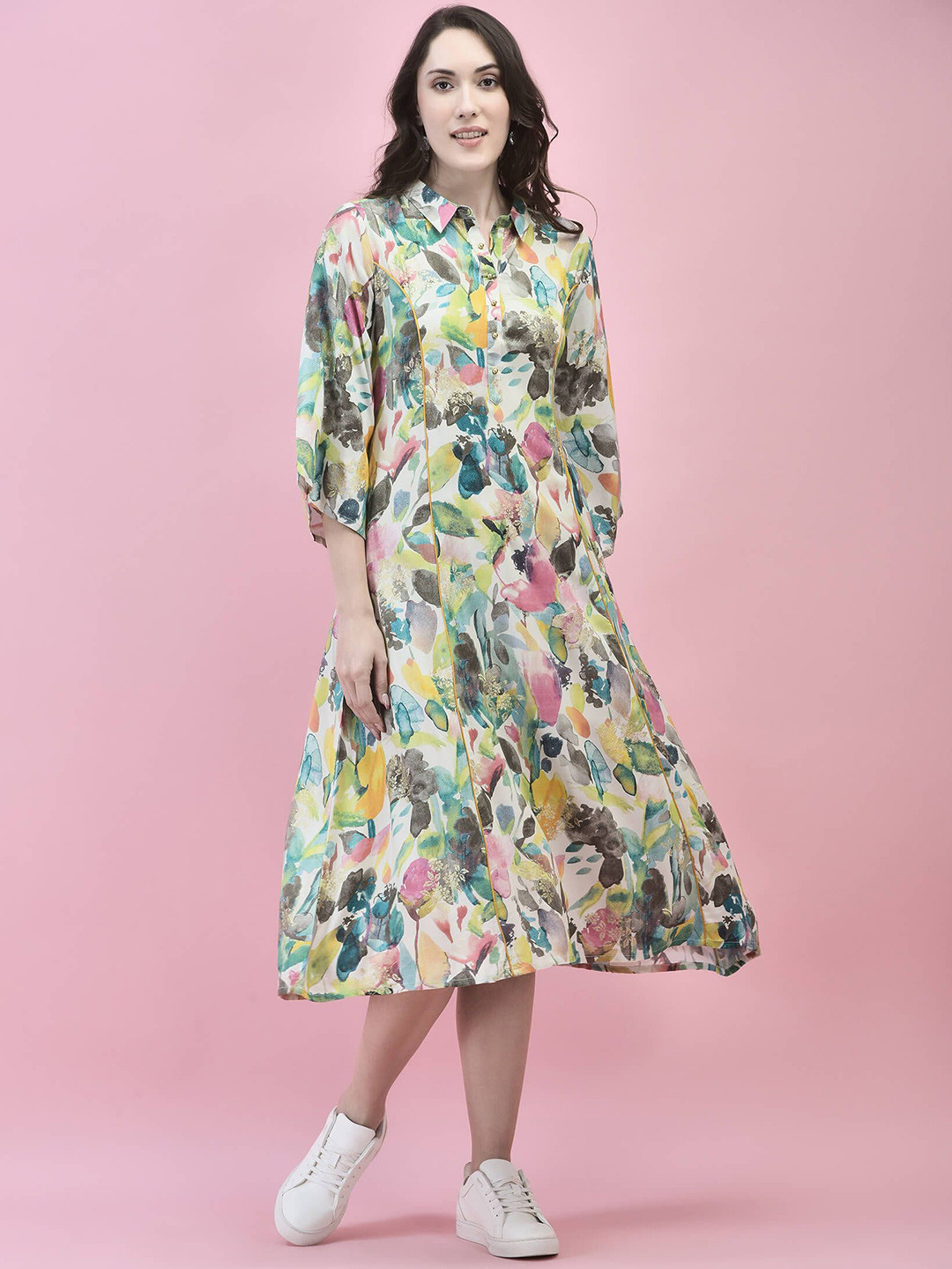 Shree Print Flared Sleeve Liva A-Line Maxi Dress