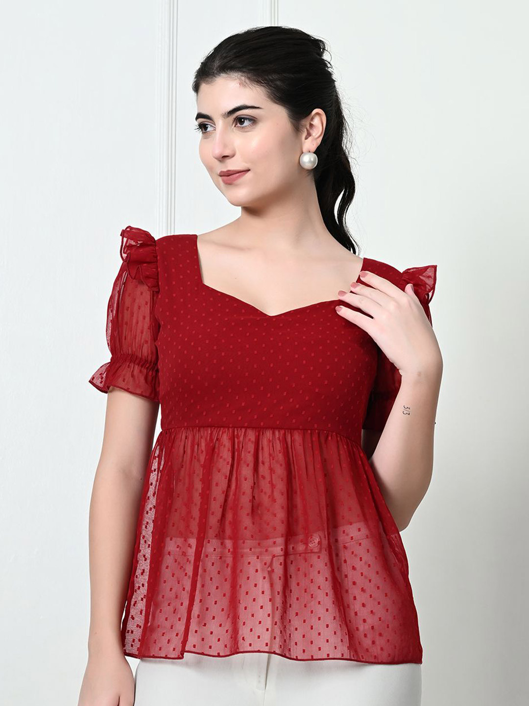 Tushita Women Cherry Red Self Design Top