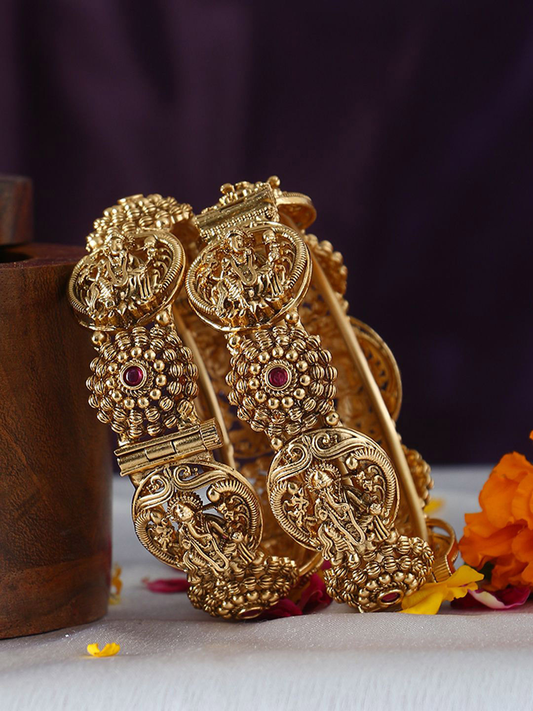 Adwitiya Collection Set Of 2 Gold-Plated Stones Studded Ganesh Temple Bangles