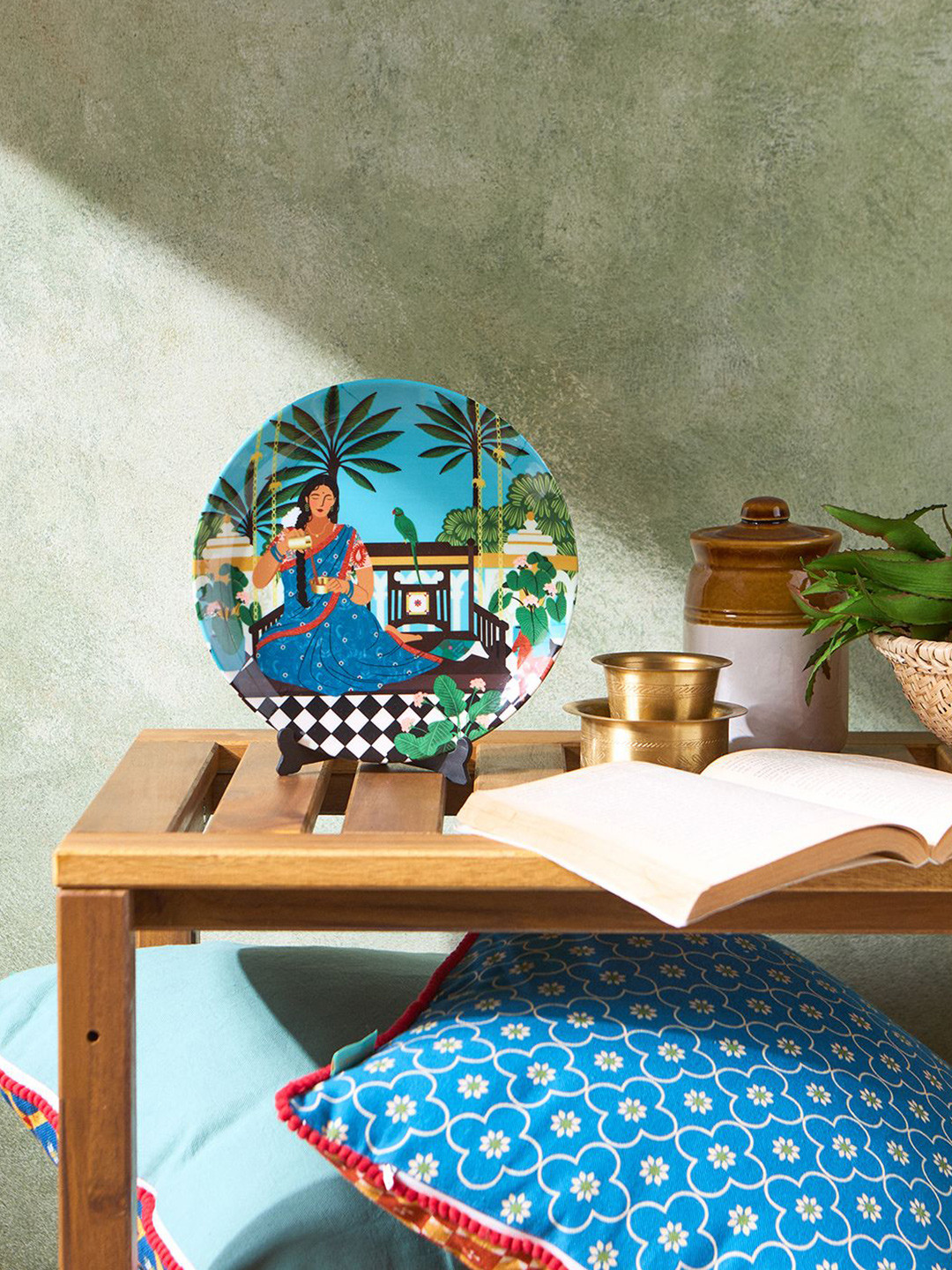Chumbak Blue & Green Printed Ceramic Wall Plate