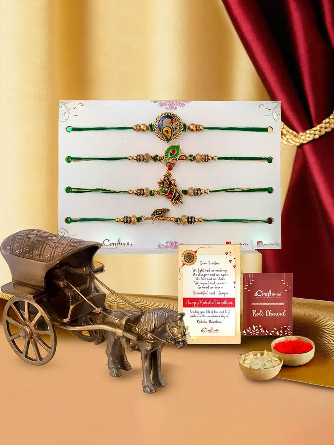 eCraftIndia Set of 5 Designer Rakhis With Horse Cart Showpiece Gifts