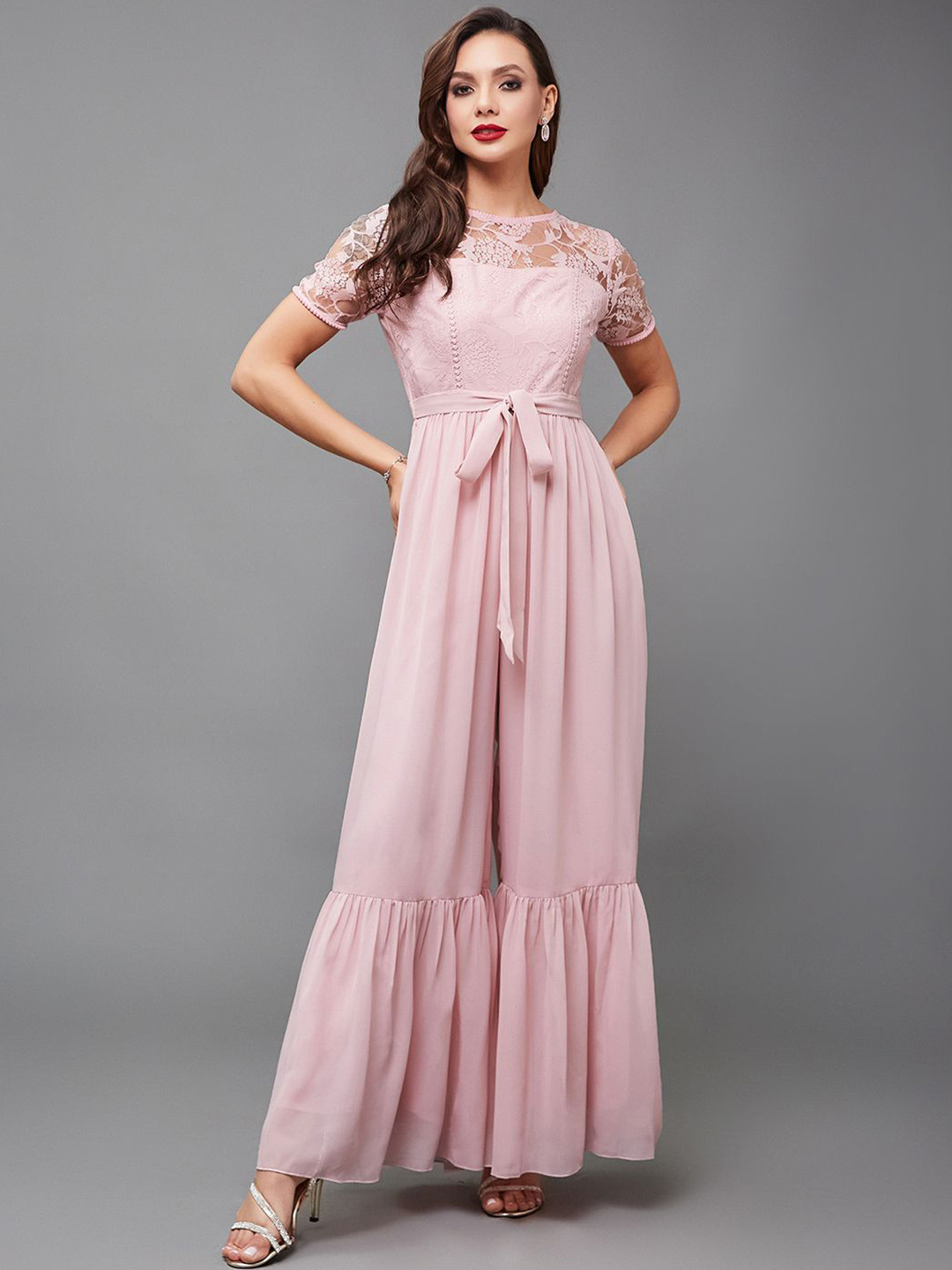 Miss Chase Women Round Neck Short Sleeve Solid Lace Overlaid Regular Jumpsuit