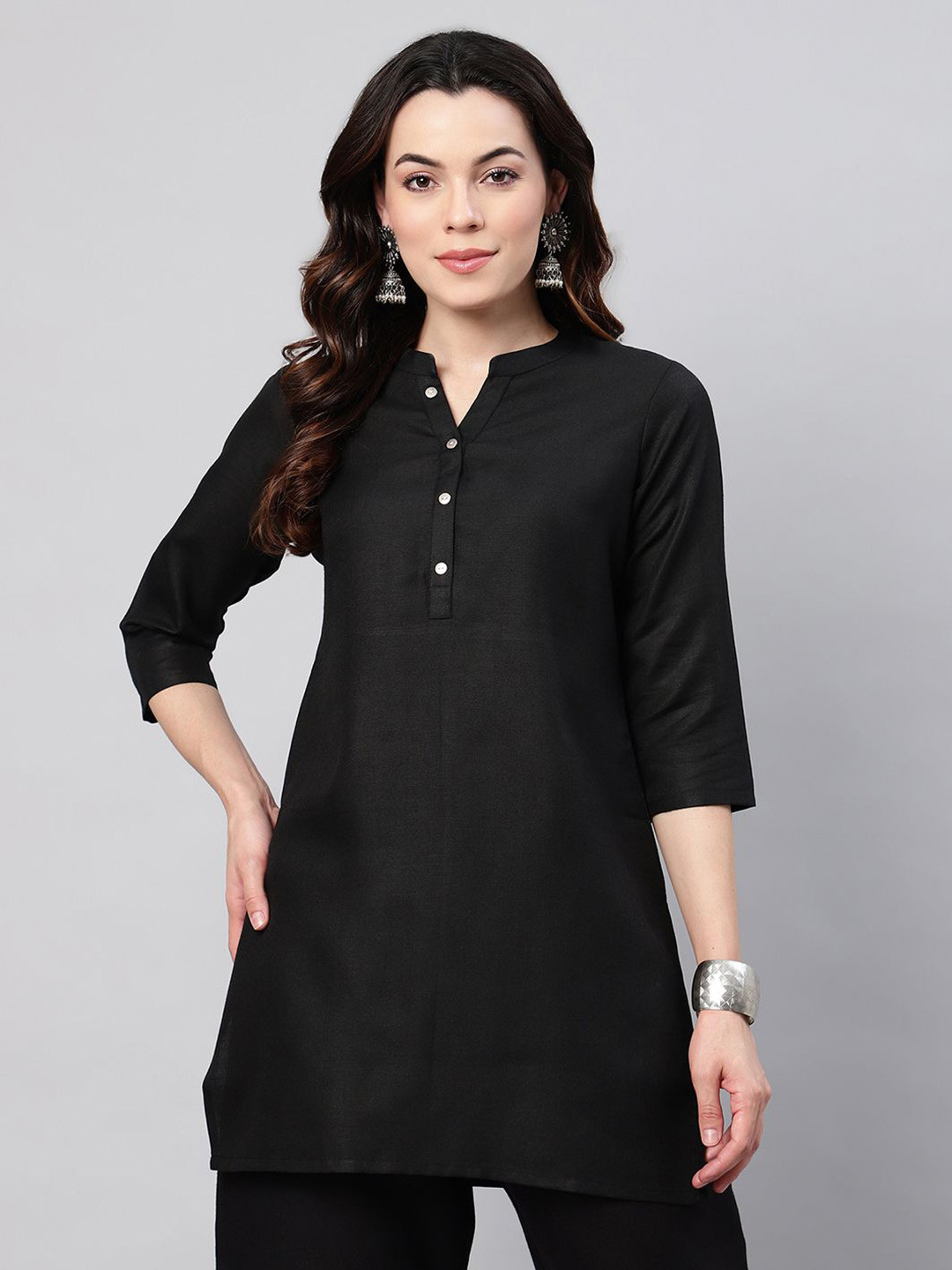 FLAMBOYANT Women Solid Mandarin Collar Cotton Top
