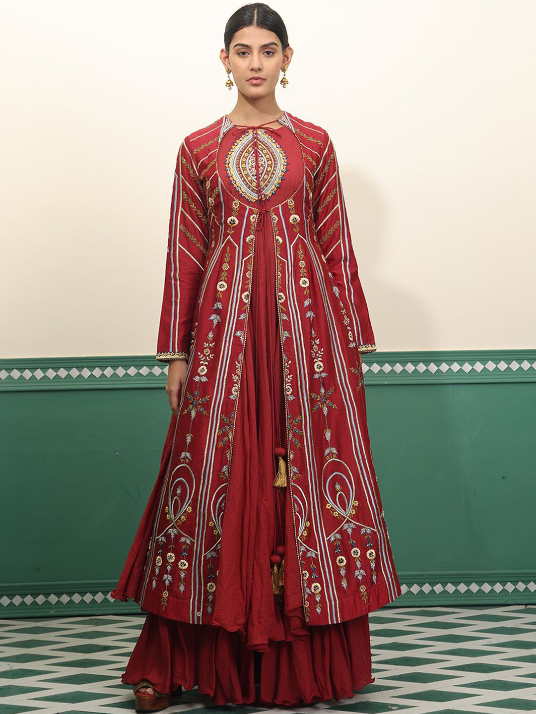 SAMANT CHAUHAN Floral Embroidered Tie Up Neck Cotton Silk Front Open Maxi Ethnic Dress