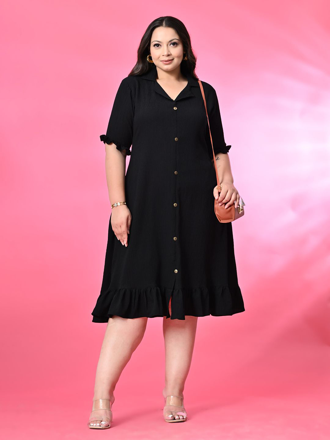 PrettyPlus by Desinoor.com Plus Size Lapel Collar A-Line Midi Dress