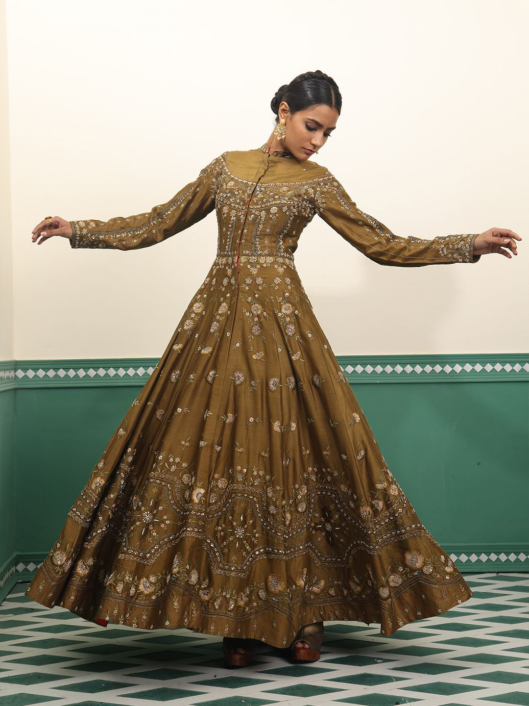 SAMANT CHAUHAN Floral Embroidered High Neck Cotton Silk Fit and Flare Maxi Ethnic Dress