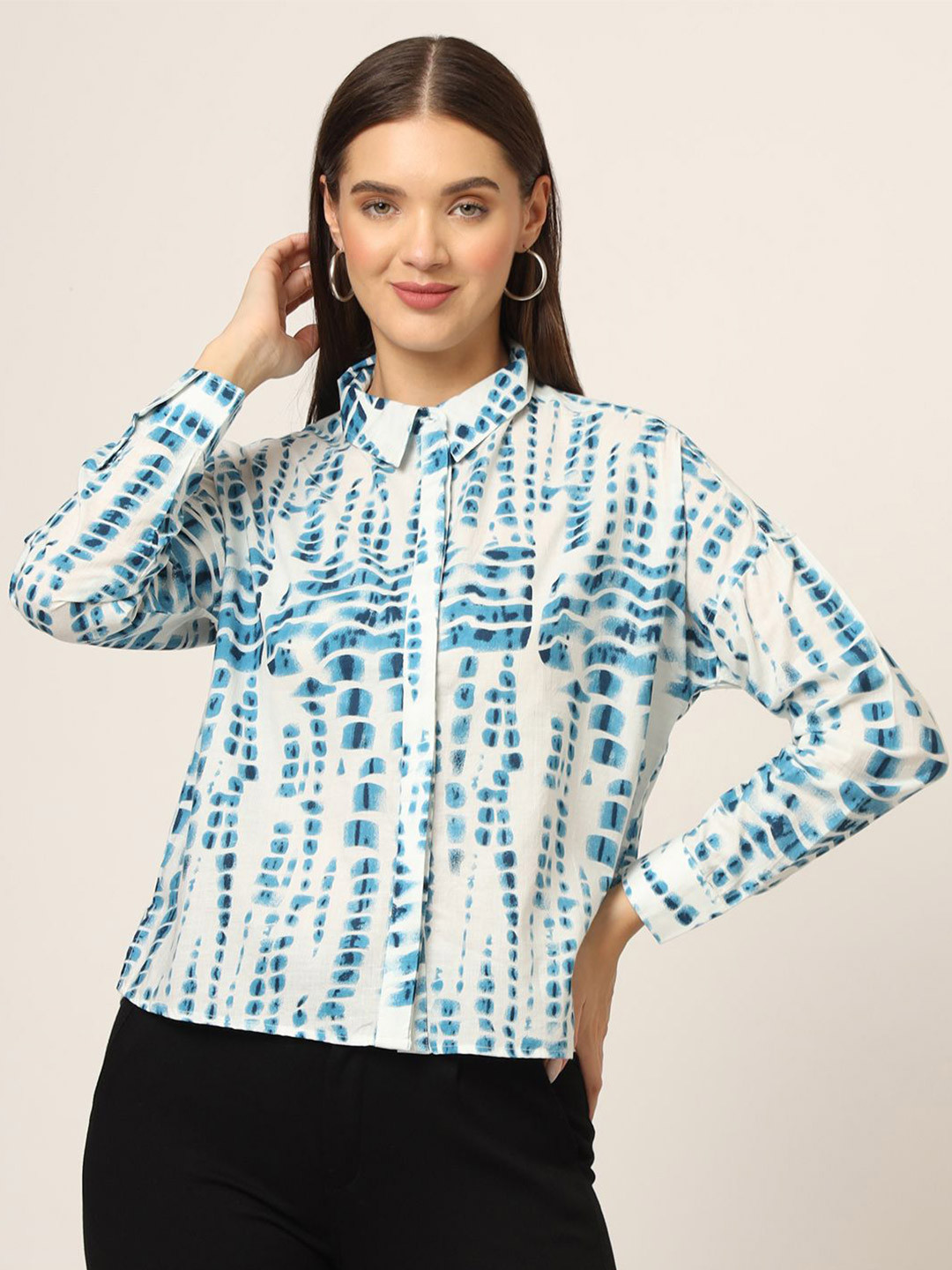 Rediscover Fashion Women Tie and Dye Dyed Dyed Shirt Collar Cotton Top