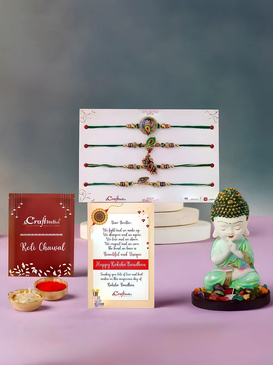 eCraftIndia Set of 5 Thread Rakhi & Monk Buddha With Roli Chawal