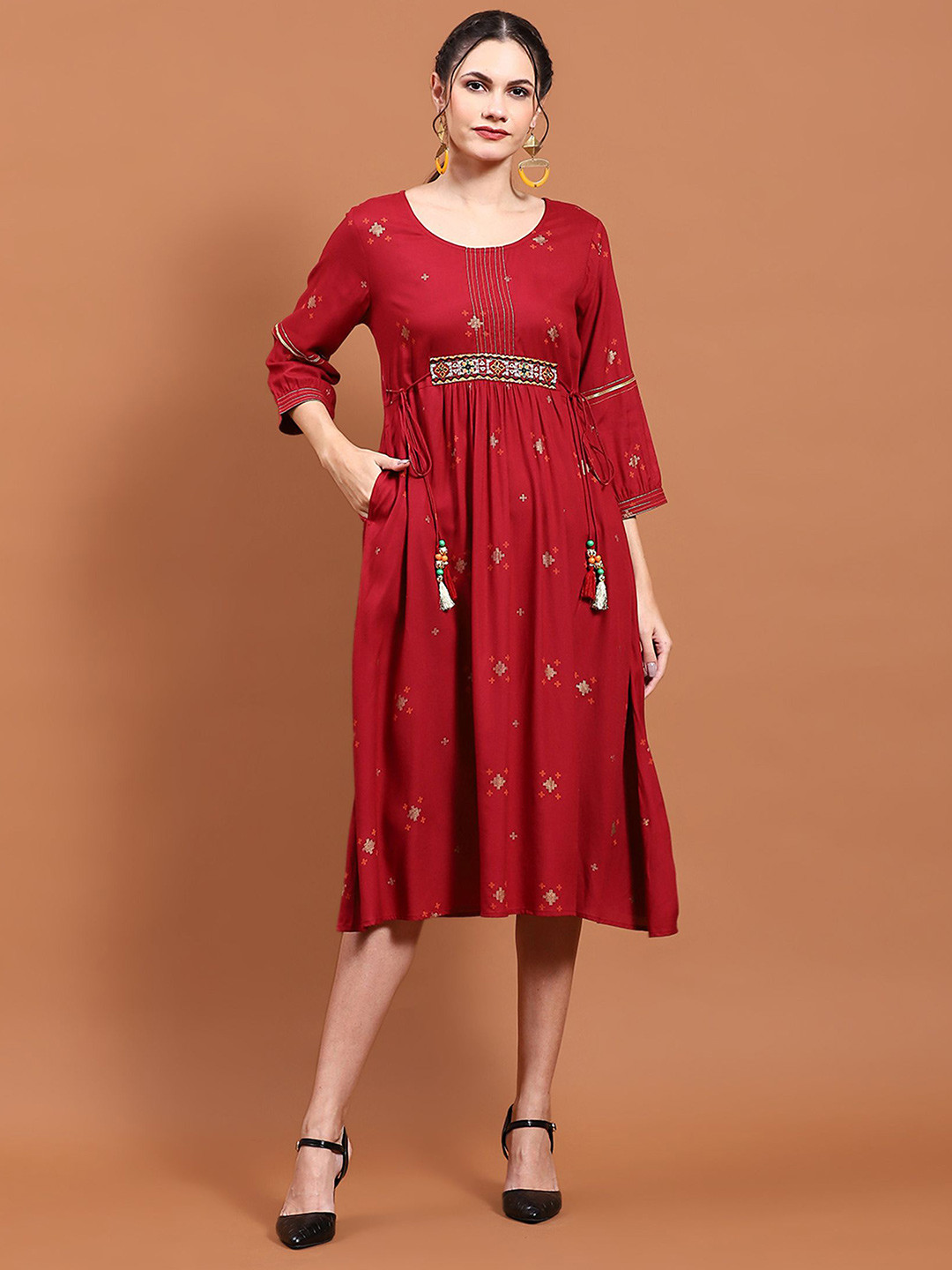 Shree Print regular Sleeve Liva Fit & Flare Midi Dress