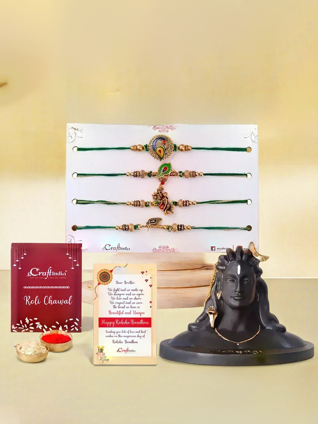 eCraftIndia Set Of 5 Radha Krishna & Peacock Rakhis With Adiyogi Lord Shiva Statue