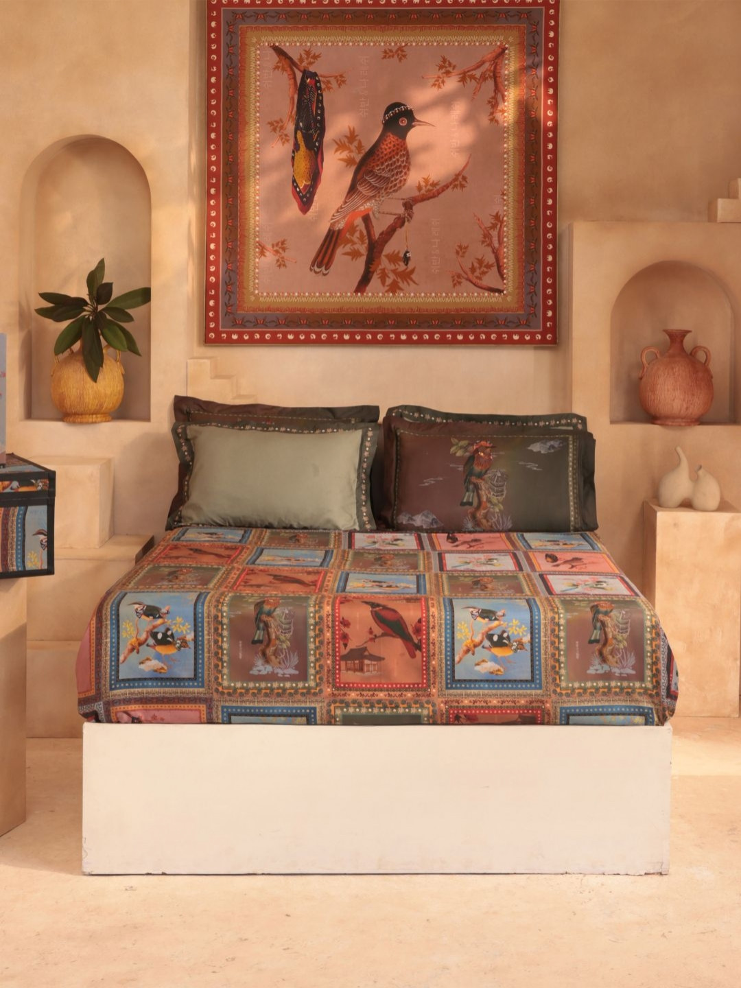 MYTRIDENT Shivan And Narresh Collection Olive Ethnic Motifs Cotton 400 TC King Superfine Bedsheet with 4 Pillow Covers-108 x 108 inches