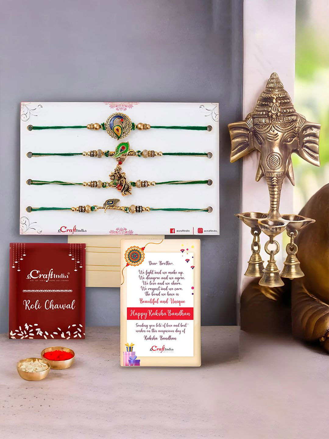 eCraftIndia Set Of 4 Rakhis & Ganesha Wall Hanging Diya Gift Set