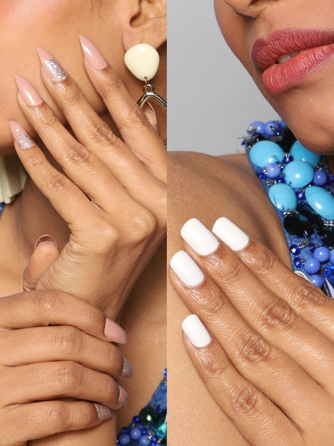 LICK Pack Of 2 Acrylic Press on Nails With Quick Dry Glue - Snow White & Beige Sparkles