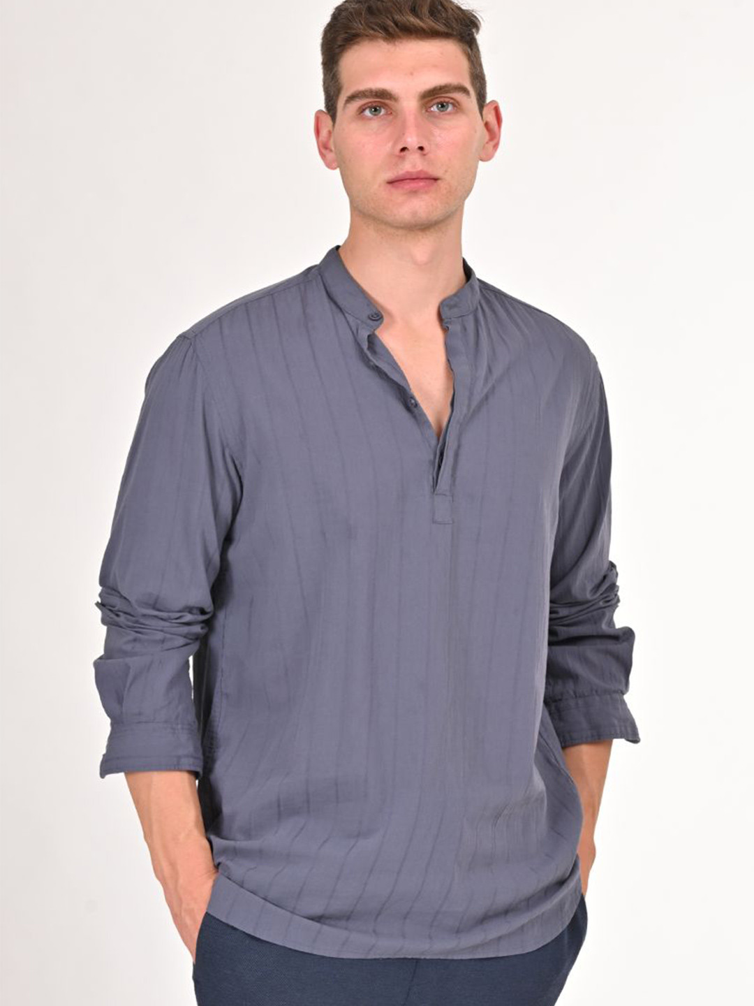 POE Men Smart Band Collar Striped Cotton Slim Fit Casual Shirt