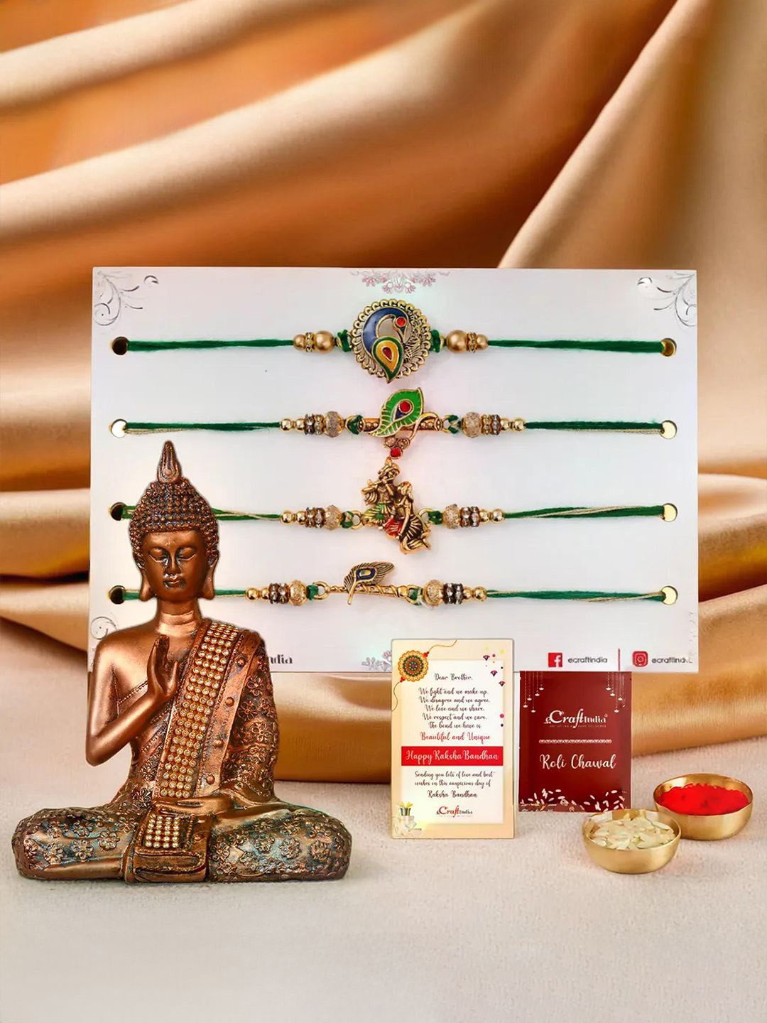 eCraftIndia Set Of 4 Rakhi Blessing Lord Buddha & Greeting Card & Roli Chawal Gift Set