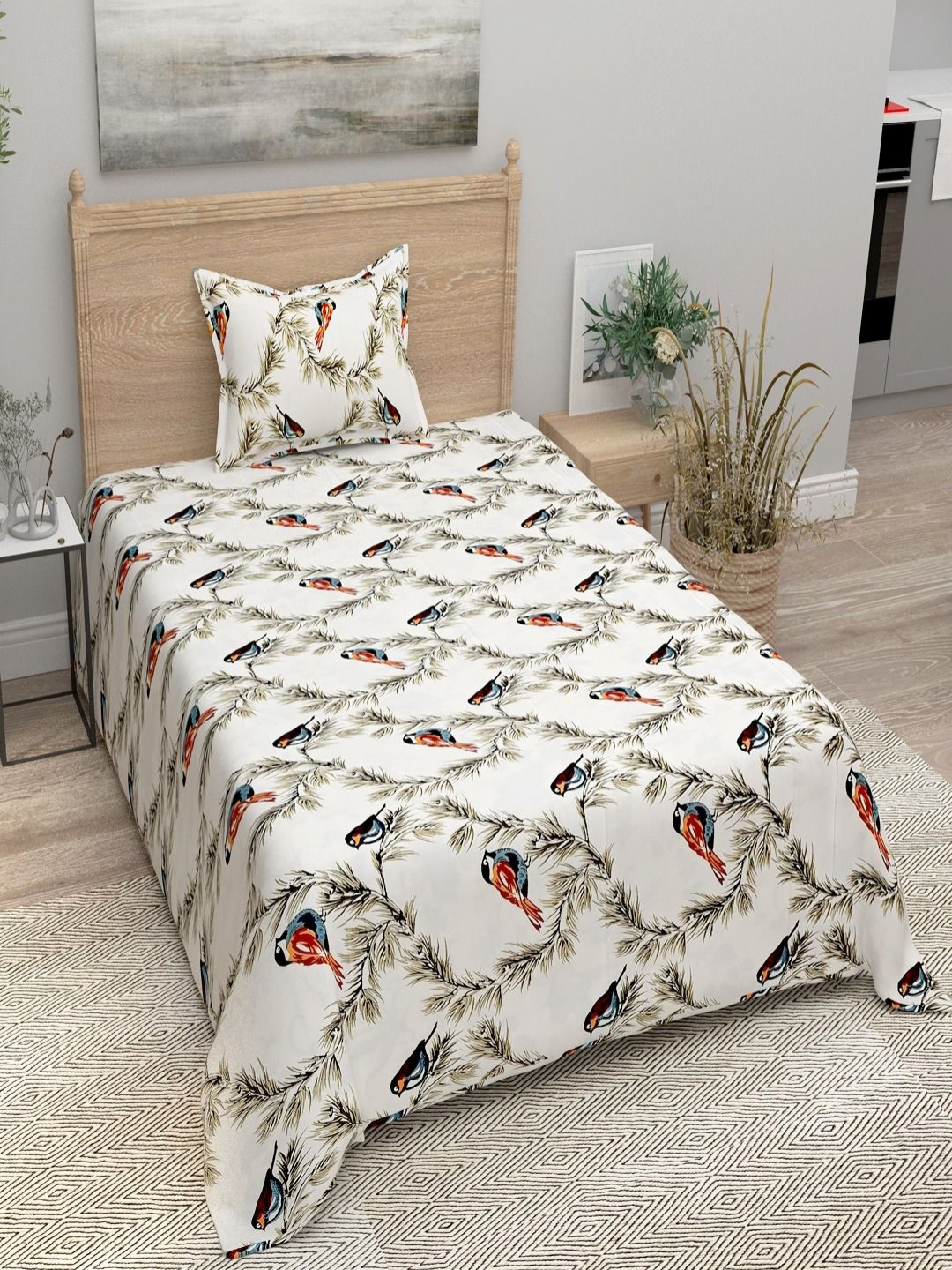 Aura Red Graphic Cotton 144 TC Single Bedsheet with a Pillow Cover-89 x 59 inches