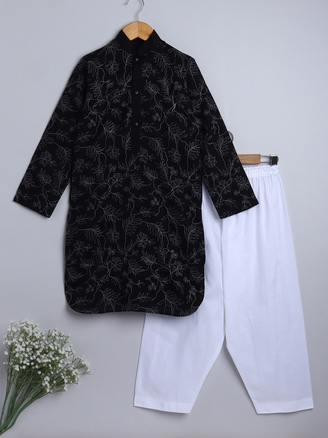 Little Clothings Boys Floral Embroidered Thread Work Linen Straight Kurta With Salwar
