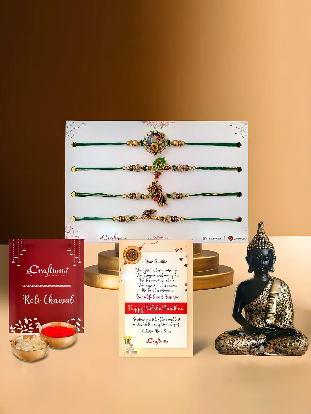 eCraftIndia Set Of 5 Designer Rakhis With Buddha Statue Gifts