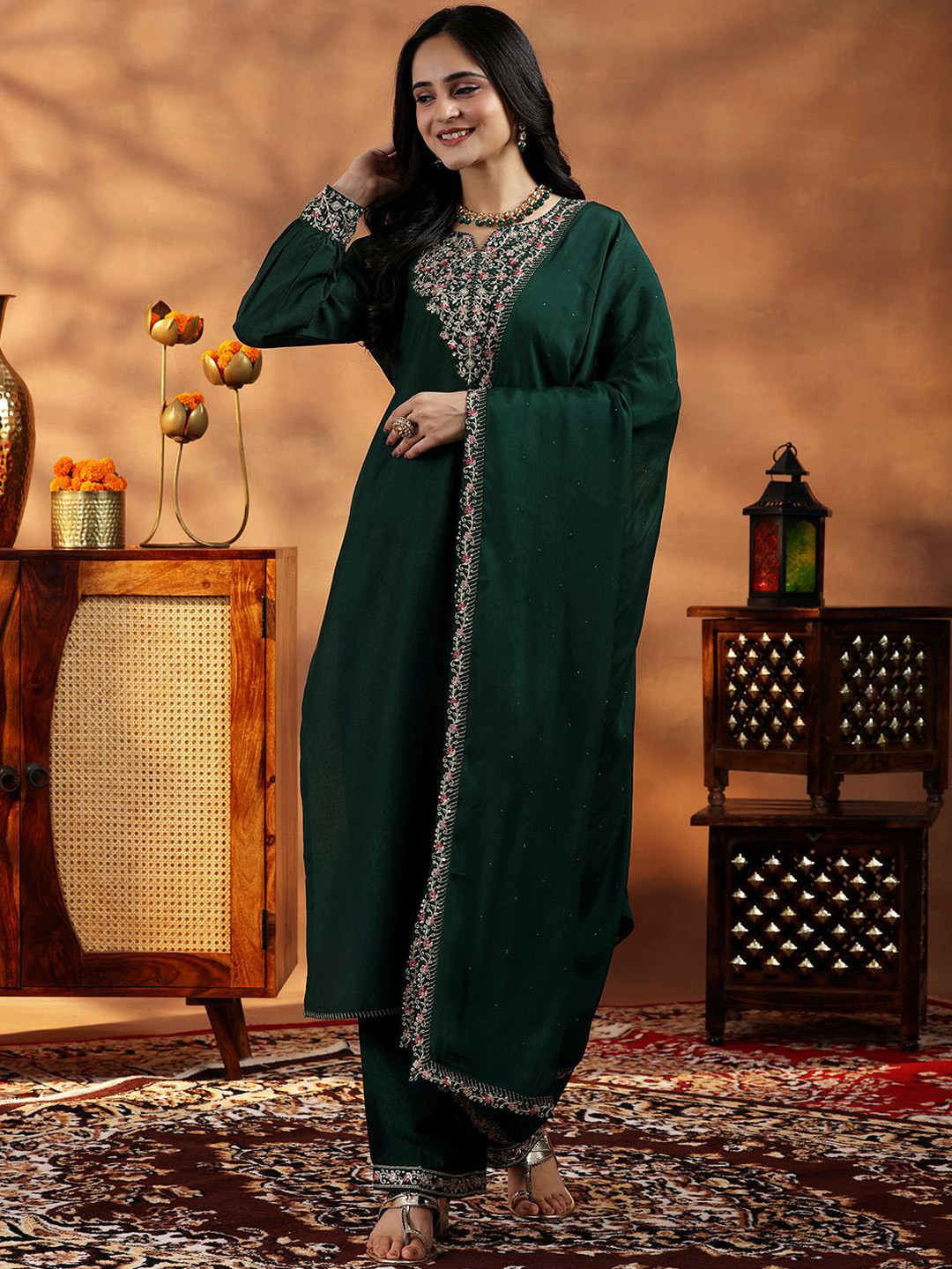 Libas Floral Yoke Design Zari Work Dobby Weave Straight Kurta With Trousers & Dupatta