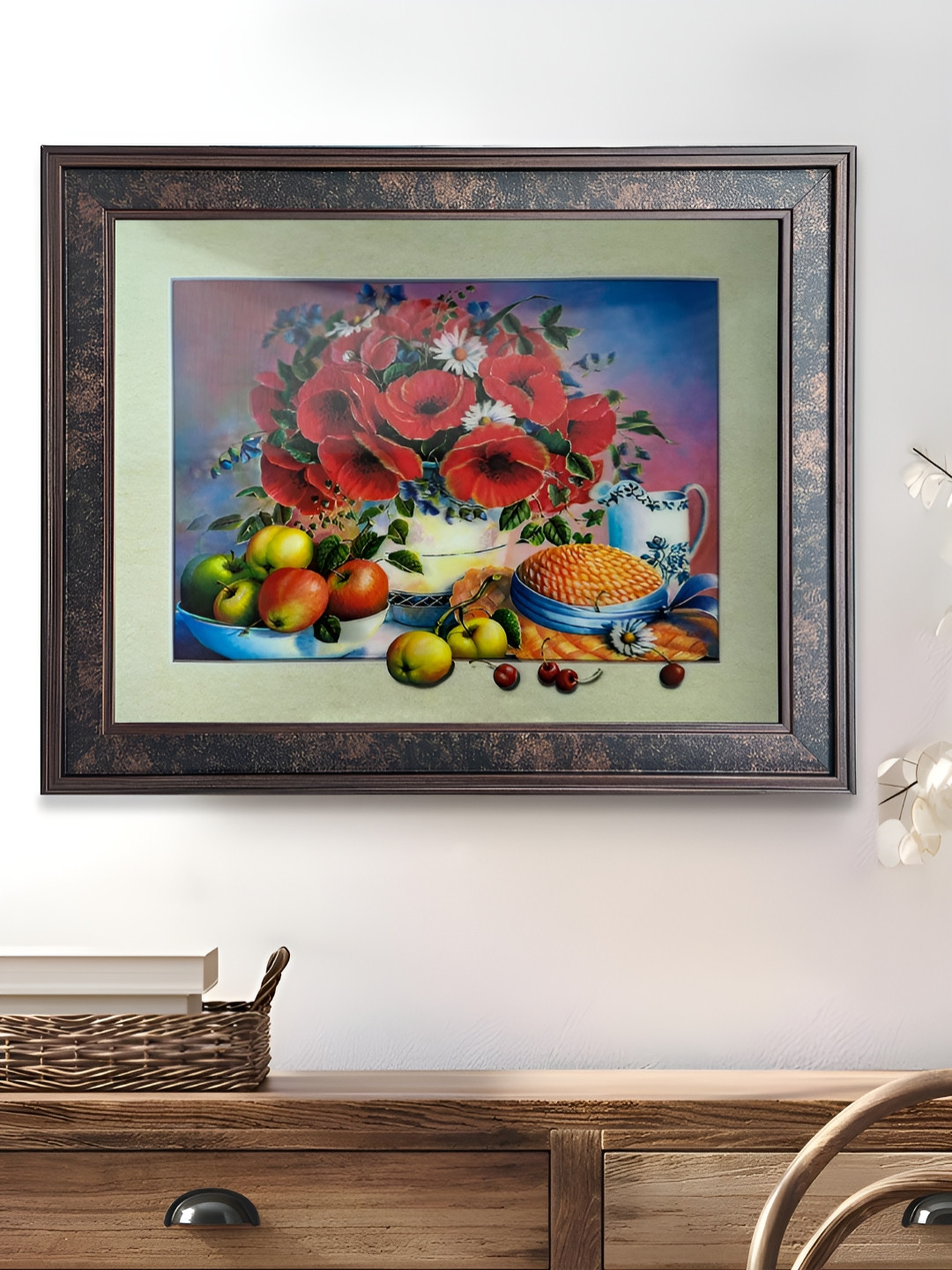 Art Street Red & Blue Red Poppies with Fruits Printed Wooden 5D Floral Wall Art