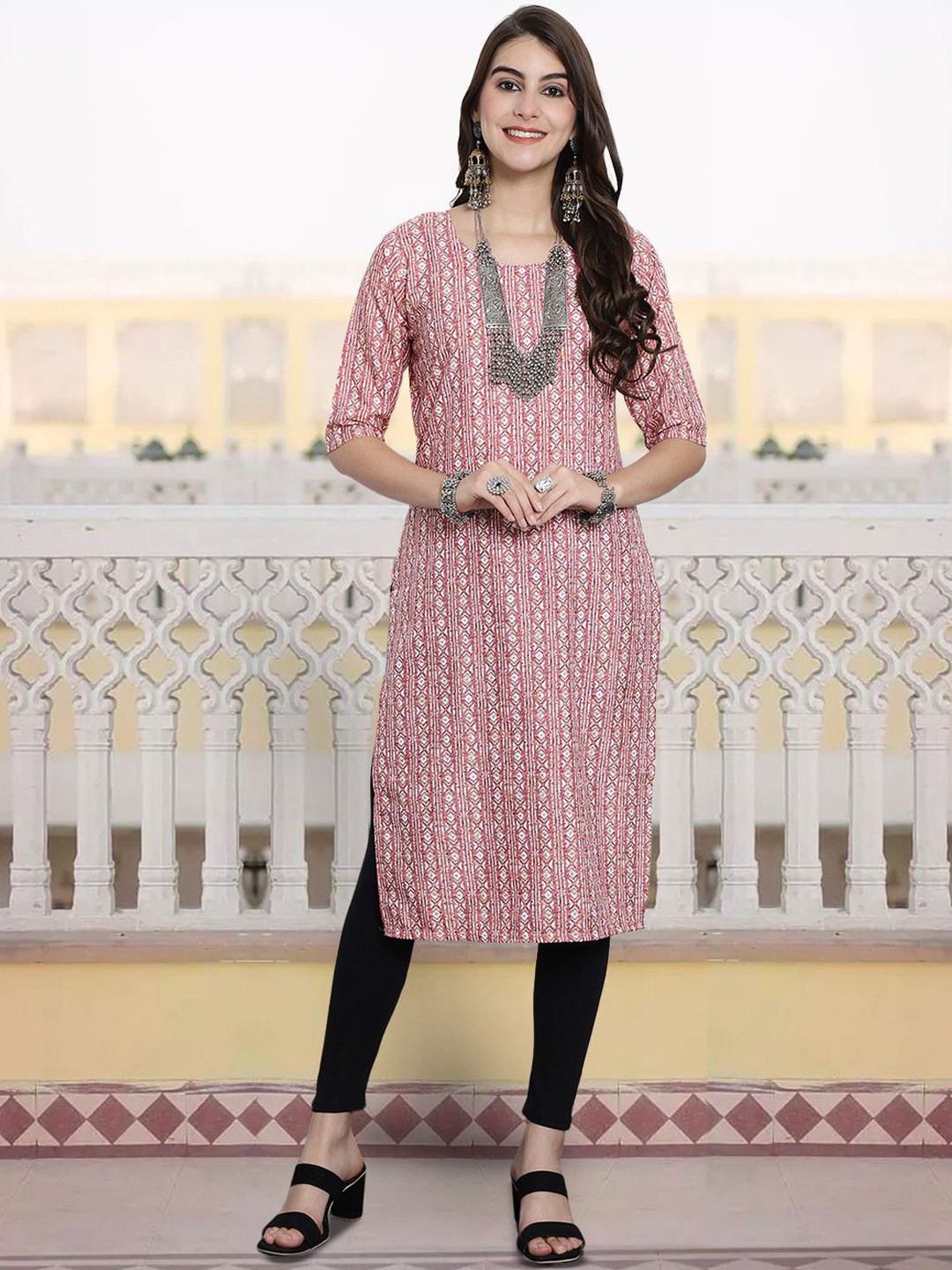 7Threads Geometric Digital Printed Round Neck Straight Kurta
