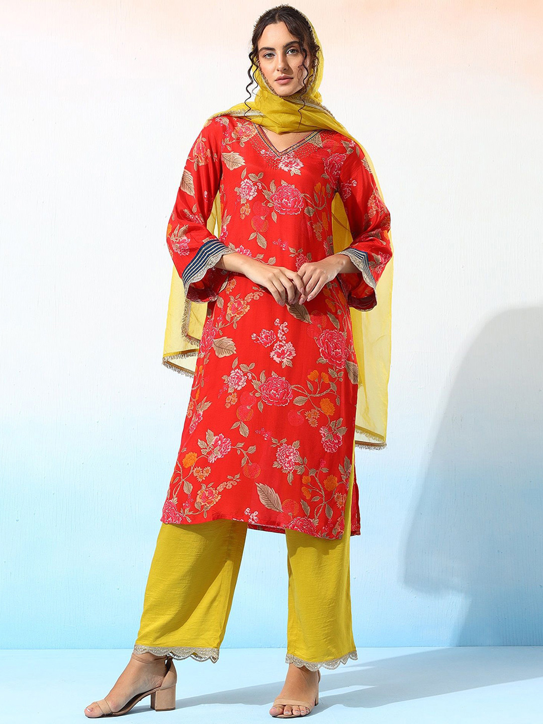 Bani Women Floral Printed Sequinned Pure Silk  i Style Kurta With Palazzo & Dupatta