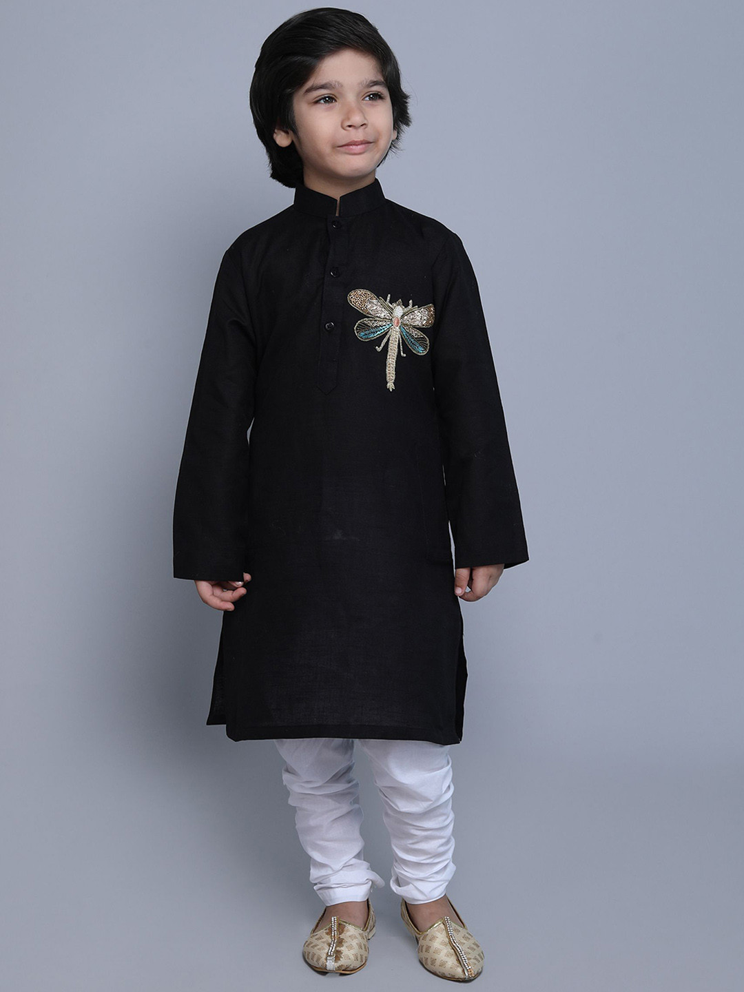 Little Clothings Boys Embroidered Linen Kurta With Churidar Linen Kurta With Churidar