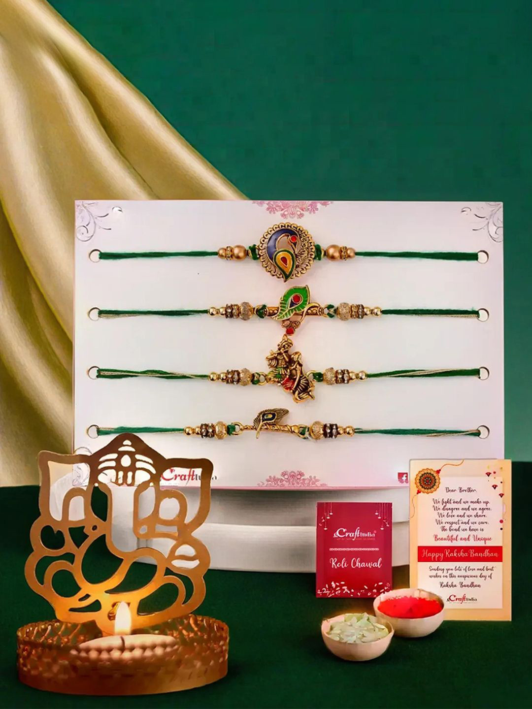 eCraftIndia Set of 5 Thread Rakhi & Lord Ganesha Tea Light Holders With Roli Chawal