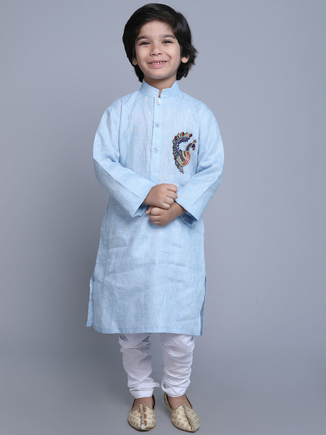 Little Clothings Boys Ethnic Motifs Embroidered Thread Work Linen Kurta With Churidar