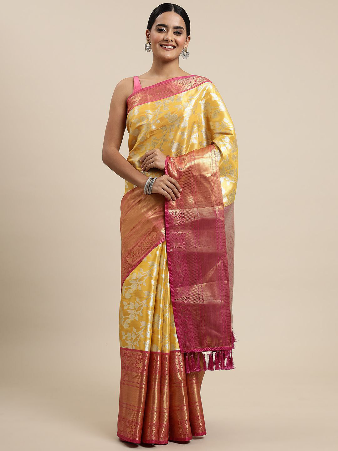 KIMISHA Woven Design Organza Kanjeevaram Saree with Zari border