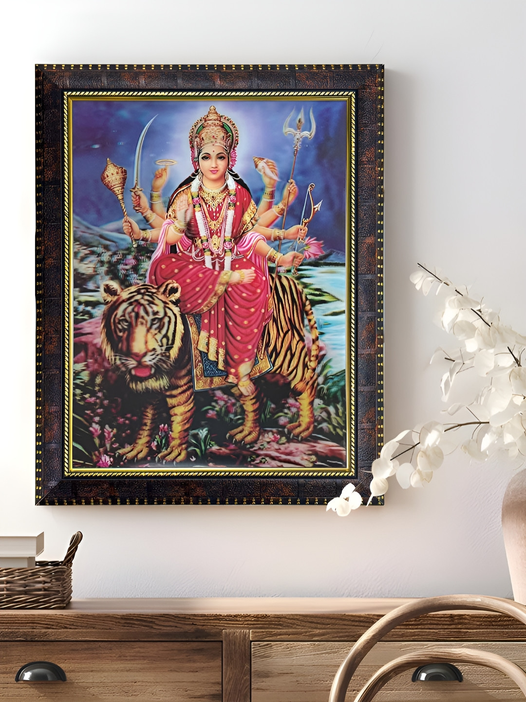 Art Street Red & Blue Sherawali Maa Durga Printed Wooden 5D Religious Wall Art