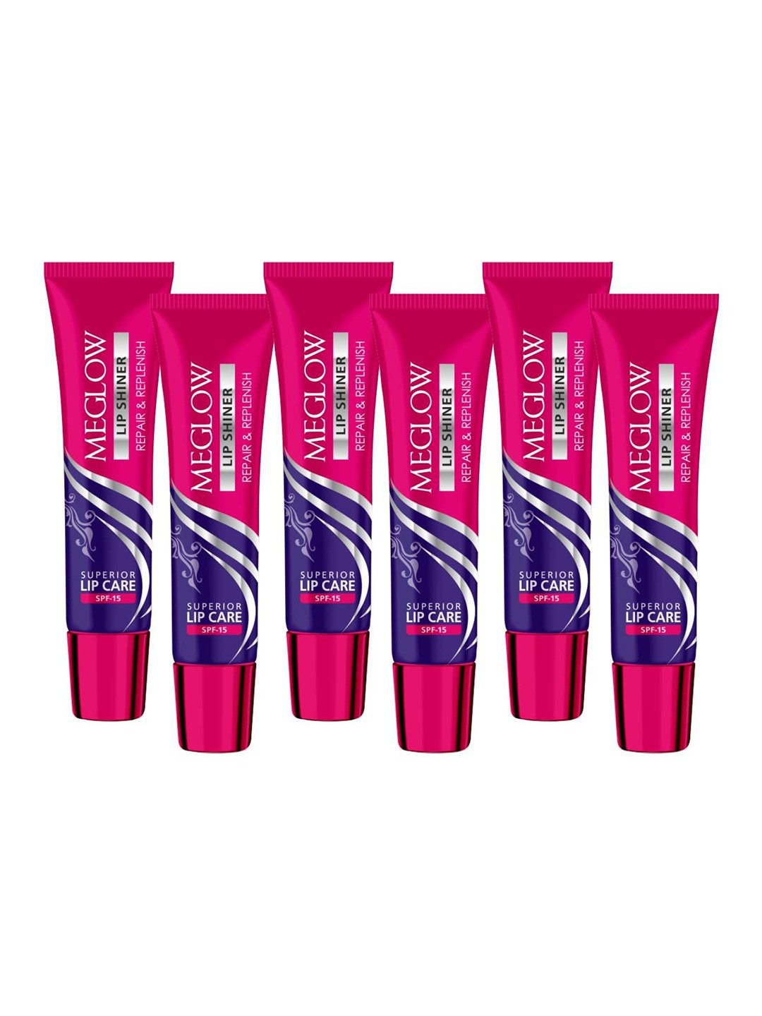 MEGLOW Set Of 6 Repair & Replenish Lip Shiner With SPF15- Magenta- 15 gm each