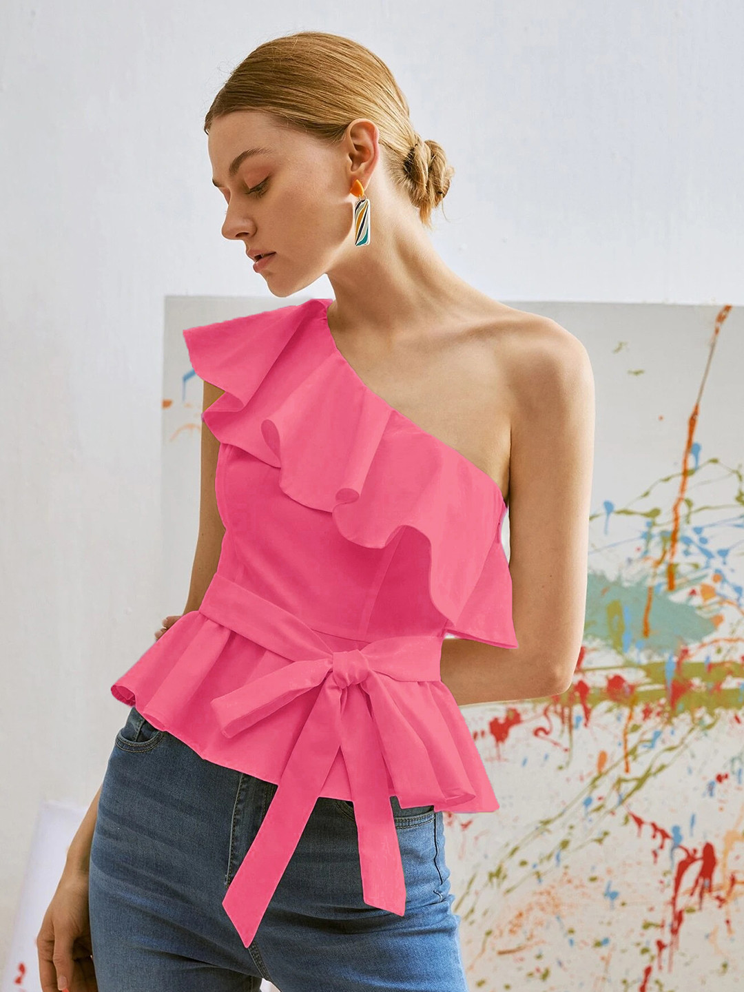 Stylecast X Slyck One Shoulder Cotton Cinched Waist Top