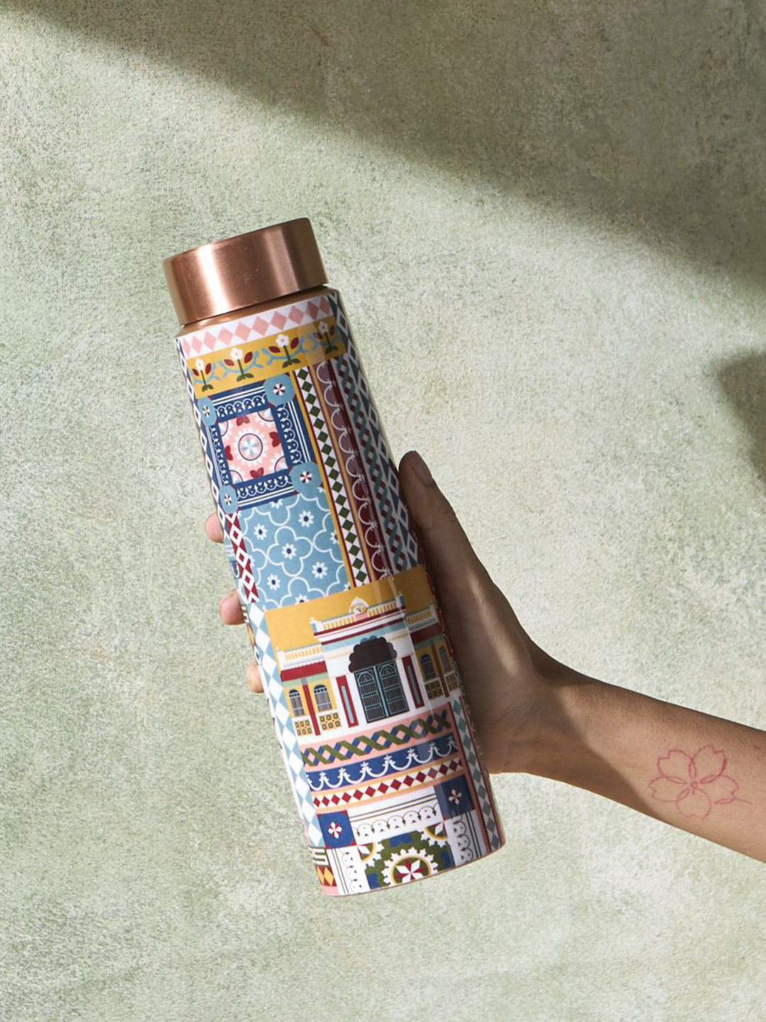 Chumbak Blue & White Printed Copper Water Bottle 950ml