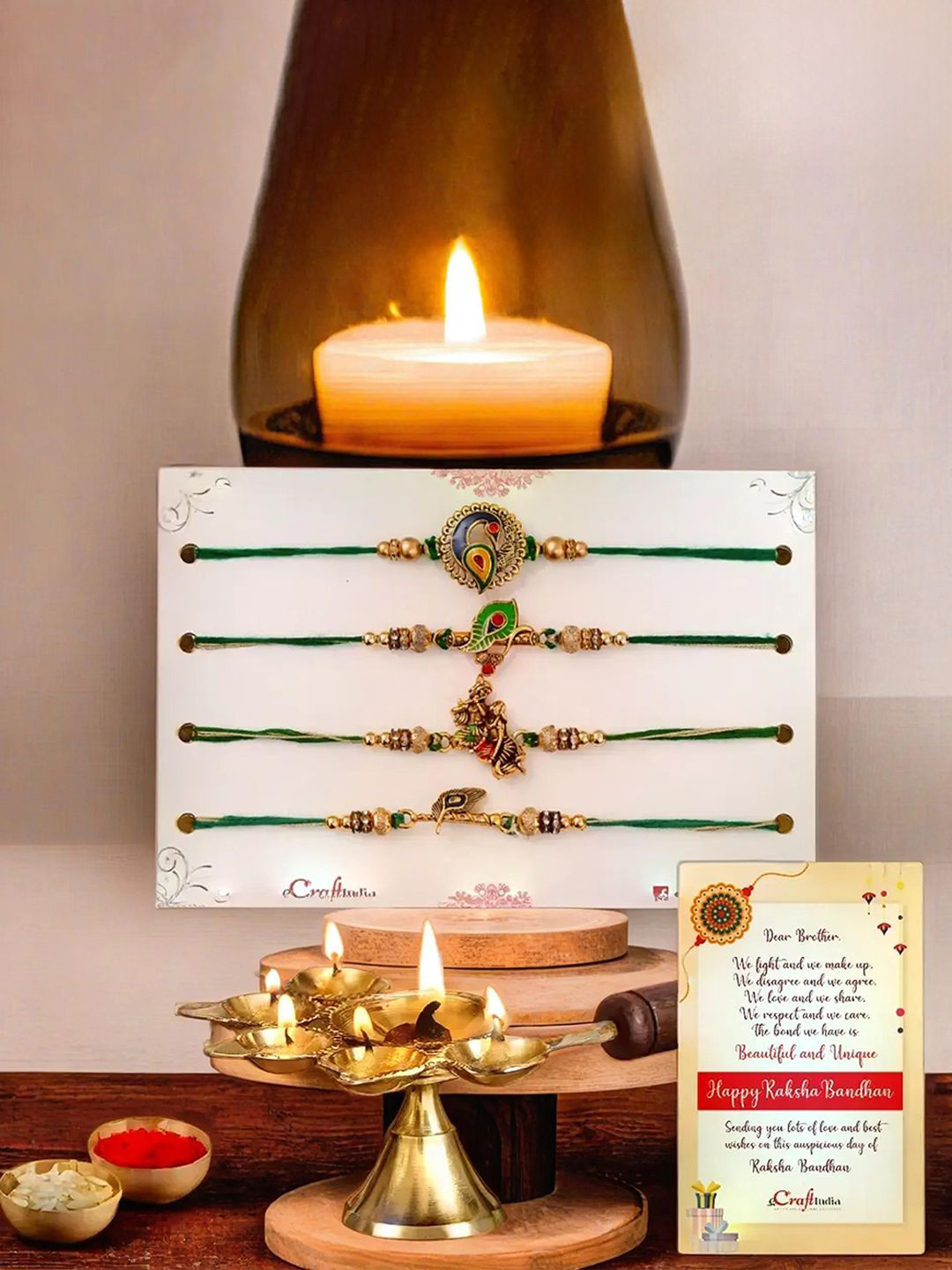 eCraftIndia Set Of 5 Rakhi With Diya Gift Set