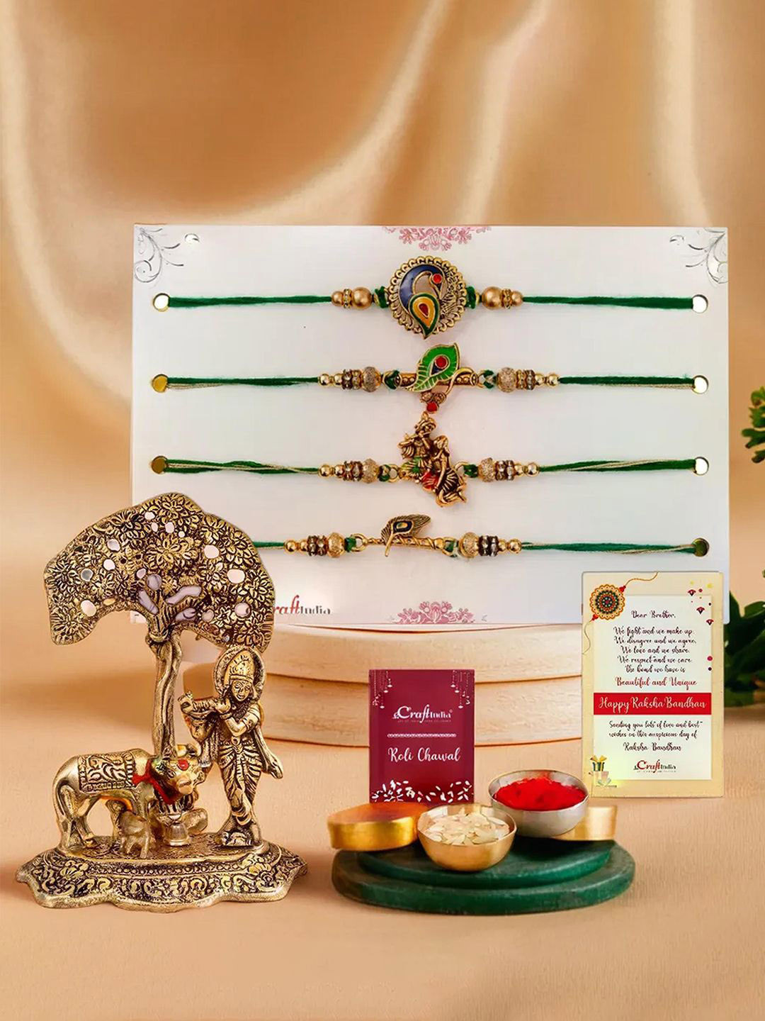 eCraftIndia Set Of 4 Radha Krishna & Peacock Rakhi With Krishna Idol Playing Flute