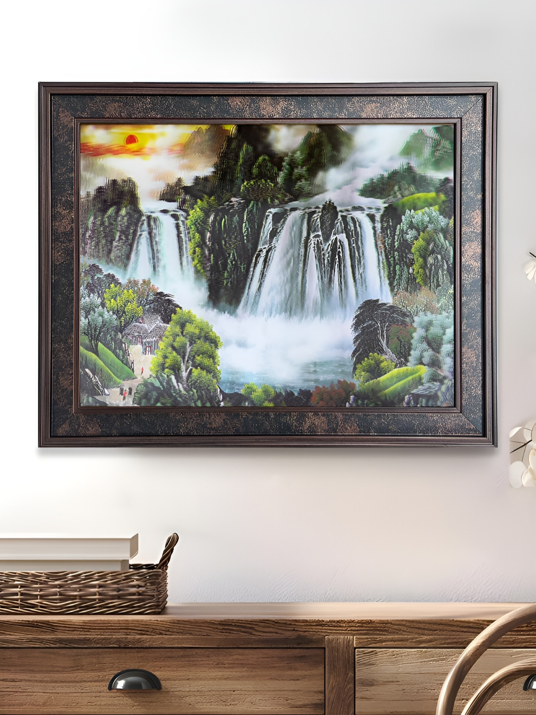 Art Street White & Green Beautiful Waterfall Printed Wooden 5D Wall Art