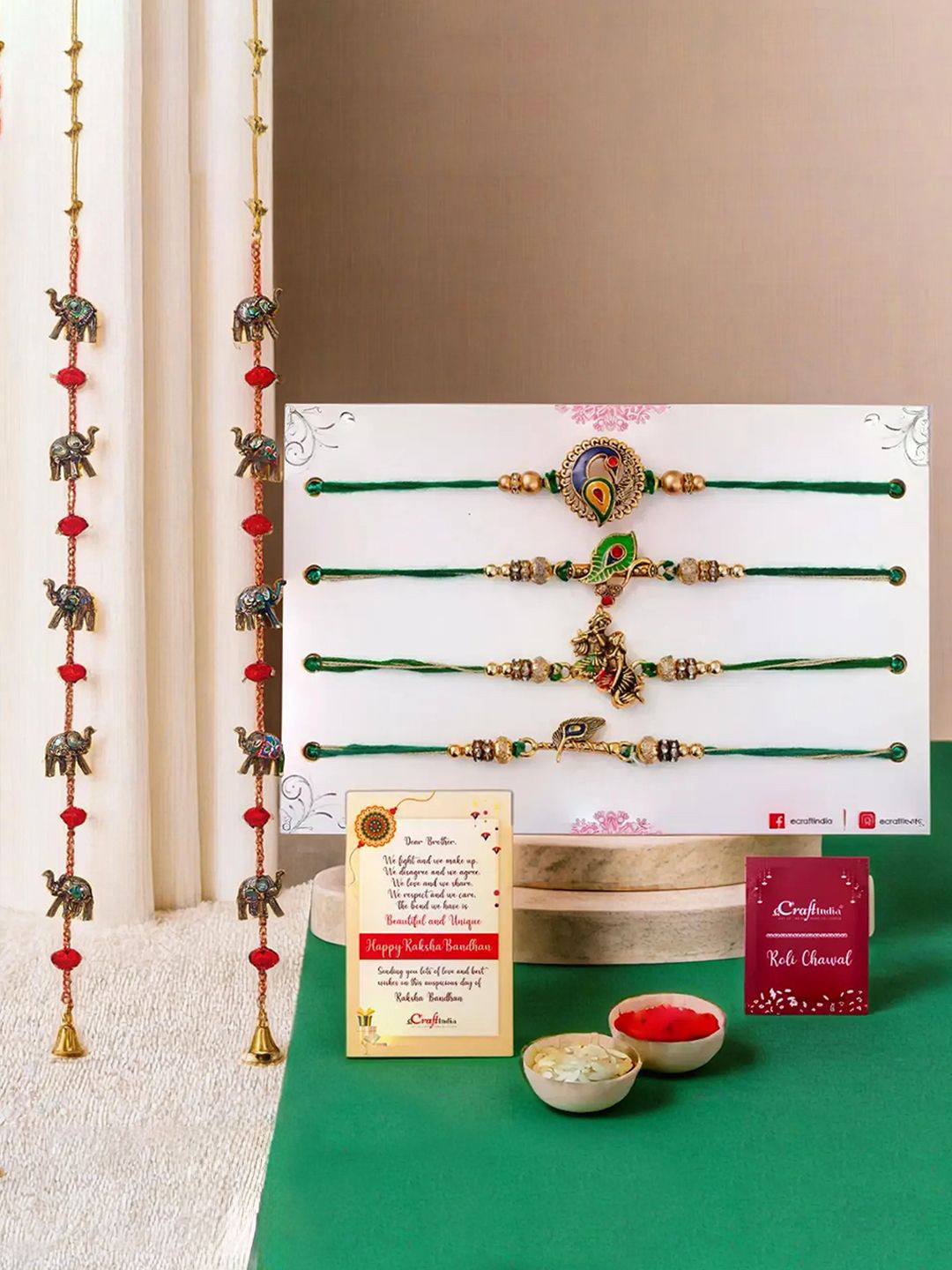 eCraftIndia Set Of 4 Rakhi Elephant Statue Wall Hanging Greeting Card & Roli Chawal