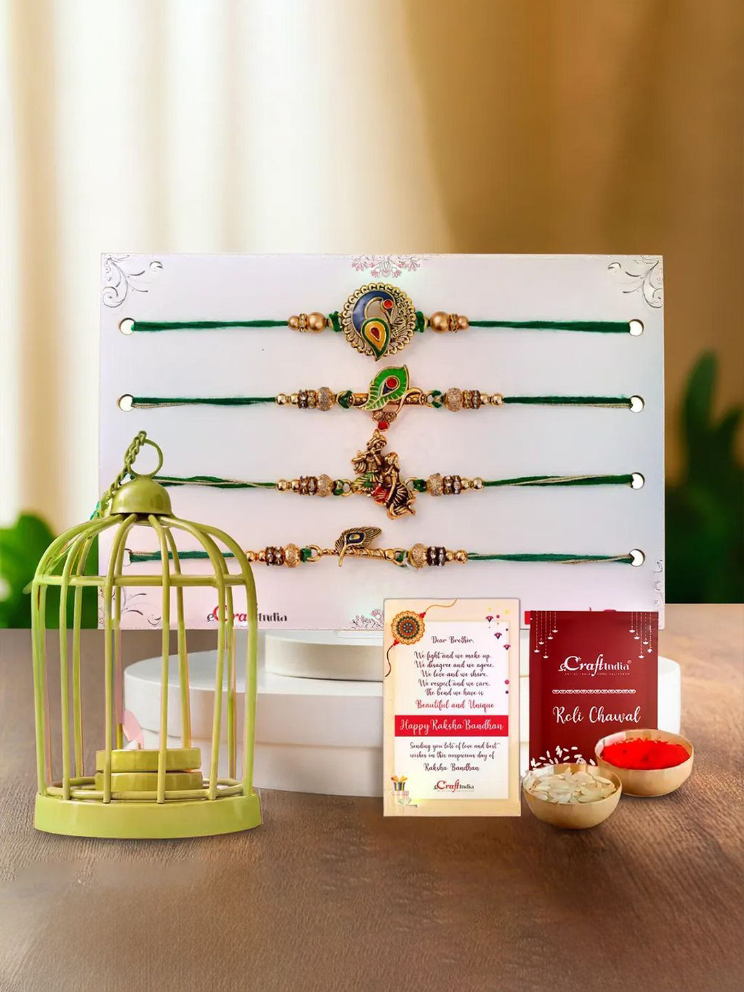 eCraftIndia Set of 5 Beaded Rakhis With Tea Light Candle Holder