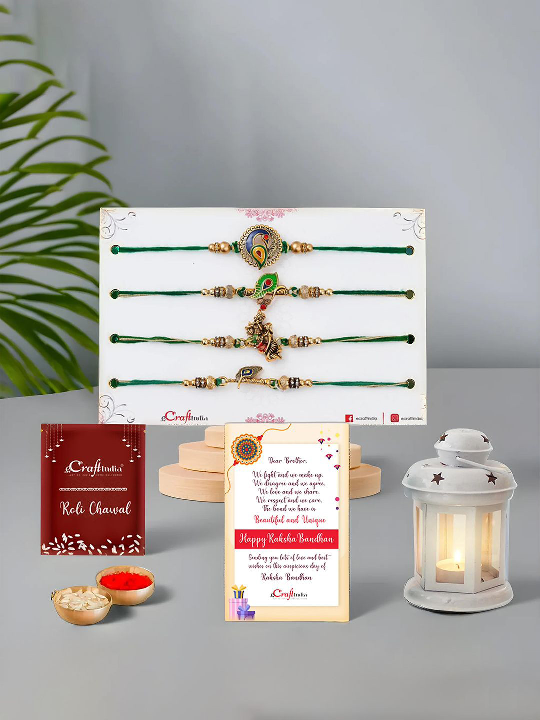 eCraftIndia Set of 5 Designer Rakhis With Lantern Tlight Holder Gift Set