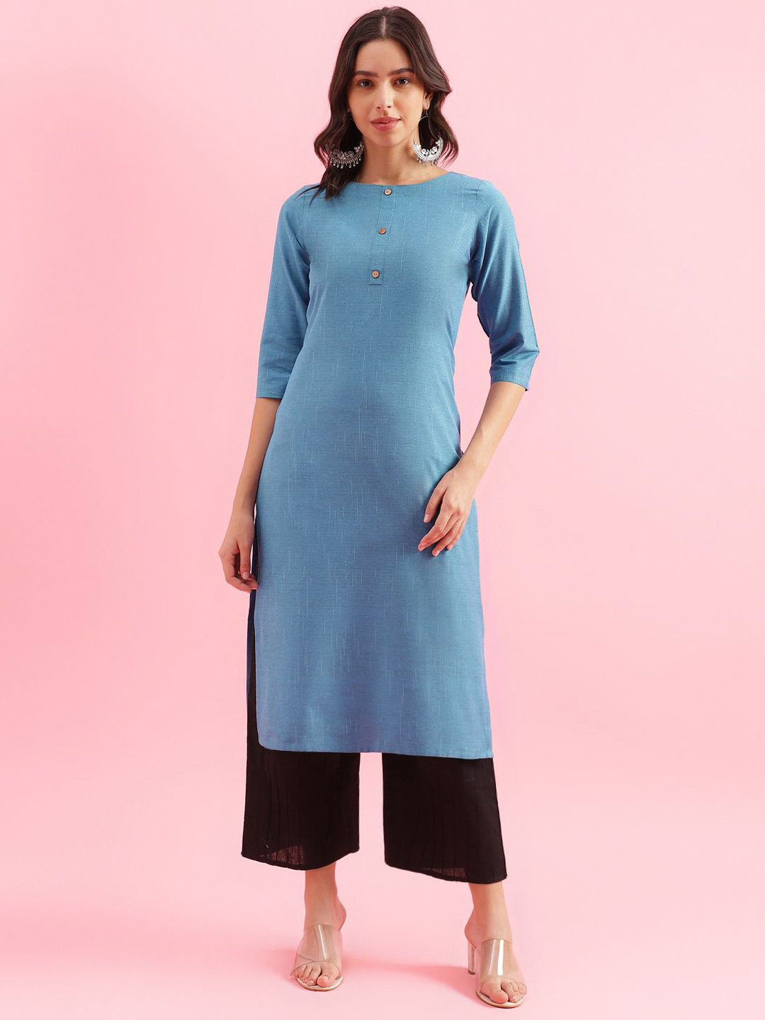 KALINI Round Neck Three Quarter Sleeves Straight Kurta