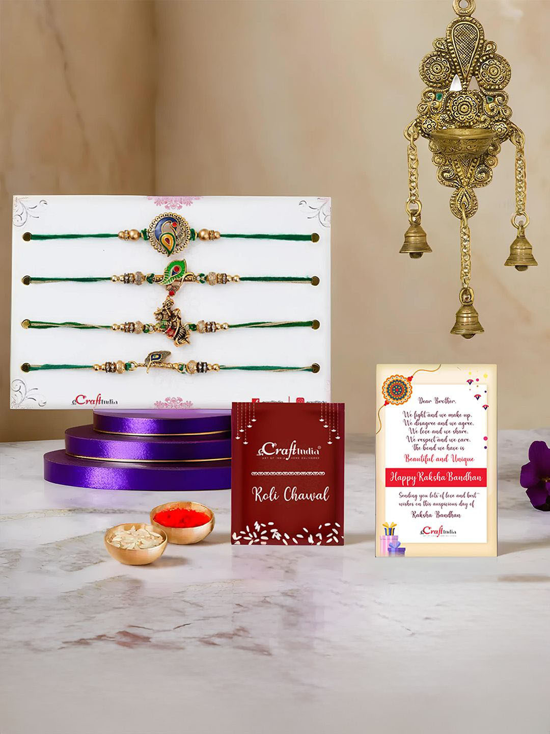 eCraftIndia Set Of 5 Rakhis & Wall Hanging Diya Bells Gift Set
