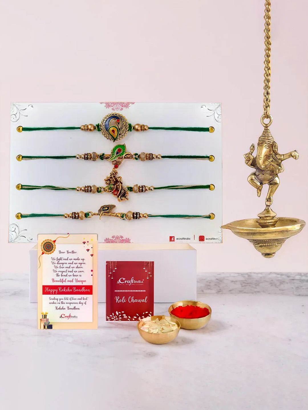 eCraftIndia Set of 5 Designer Rakhis With Dancing Ganesha Idol Hanging Diya