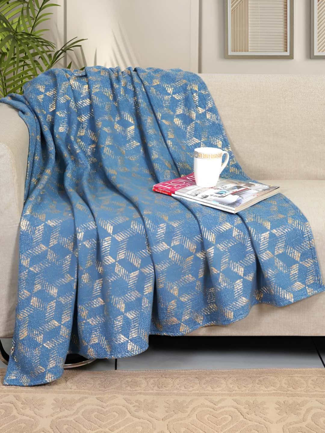 Ode & Cleo Blue & Gold Printed Cotton Sofa Bed/Picnic Throw Blanket